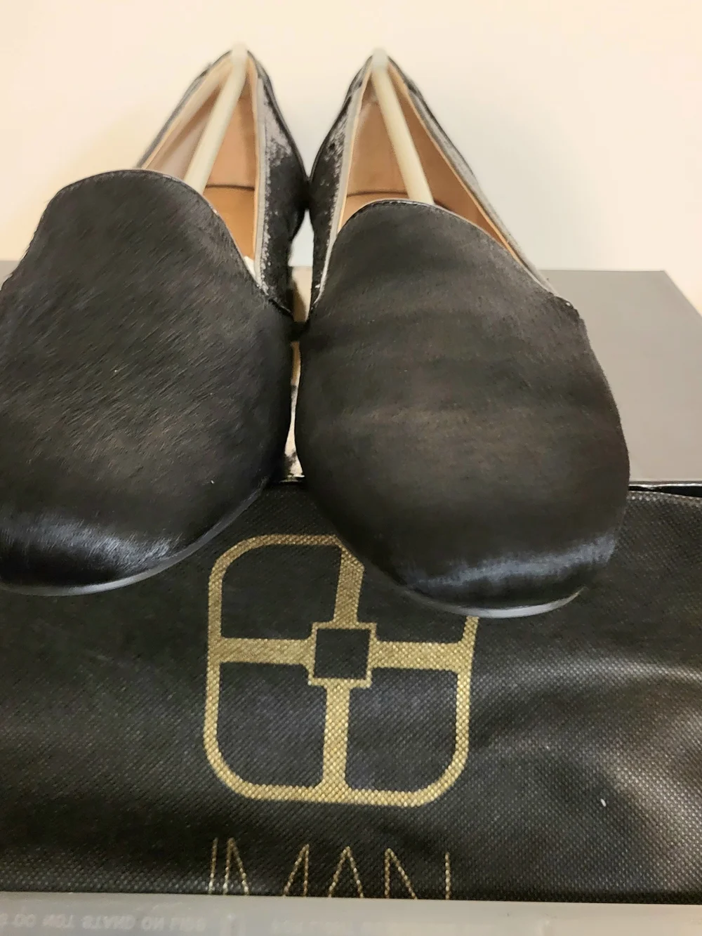 IMAN Black Calf Hair Leather Flats | Glitter Side Detail Wide Width Size 10 - Picture 2 of 6
